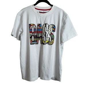 Ron Bass Graphic Script Spell Out T-Shirt Size L White 100% Cotton Streetwear‎